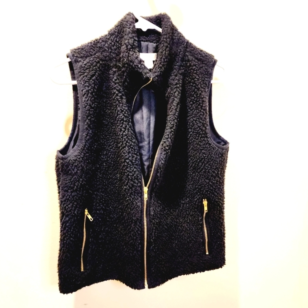 J. Crew Black Sherpa Vest with Gold Zipper